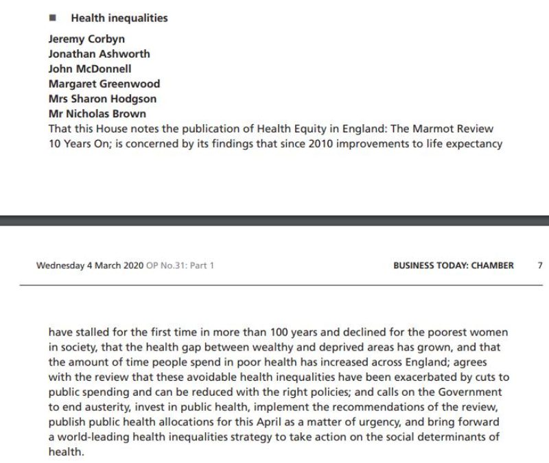 Labour’s Opposition Day motion on health inequalities which I co-sponsored